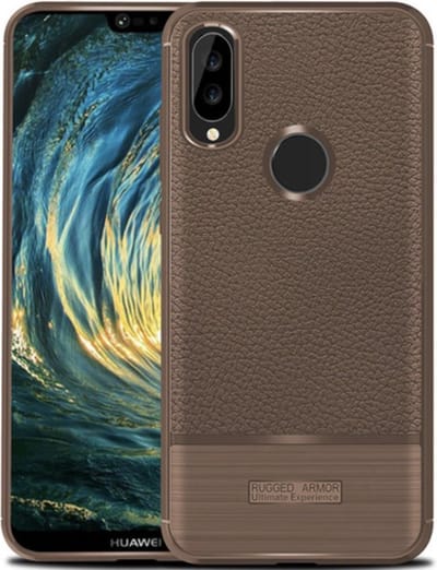 Luxe Backcover voor Huawei P20 Lite - Geborsteld Carbon - Rugged Armor Shockproof - Hoogwaardig Zacht TPU Soft Case - Matte Finish - Extra Stevig Hoesje - Bruin