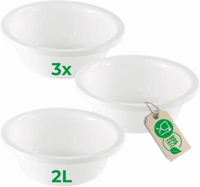 Novaliv 3x Ronde Afwaskom 2L, D24 cm, Wit, BPA-vrij, Vaatwasserbestendig, Ideaal voor keuken en camping, kleine ronde kom, kleine plastic kom, kleine waskom, plastic kom