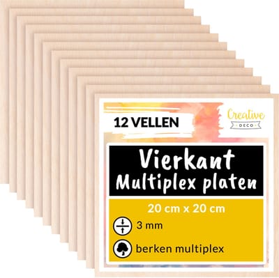 Creative Deco 12 stuks Multiplex Platen Vierkant | 200 x 200 x 3 mm (+/- 0.5 mm) | Baltische Berkenhoutlaag | Perfect voor Pyrografie, Lasersnijden, CNC-router, Modellering, Fretwerk, Rolzaag