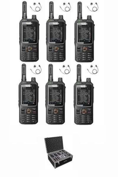 Set van 6 Inrico T320 V2 4G LTE Zello Portofoon, GPS, Wifi met D-shape oortje en koffer