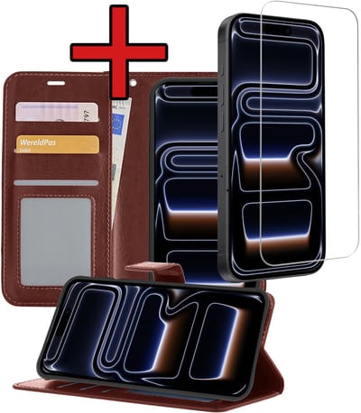 Hoesje - Met Screenprotector - Geschikt voor iPhone 17 Pro / 18 Pro - Luxe Pasjeshouder - Flipcase - Bookcase Portemonee - Flip Case - Kunstleer Book Case - Book Cover - Walletcase - Portemonneehoes - Telefoonhoes - Bruin