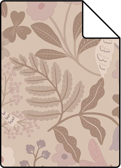 Proefstaal ESTAhome behang bloemen en vogels taupe en lila paars - 26.5 x 21 cm - 132231-S
