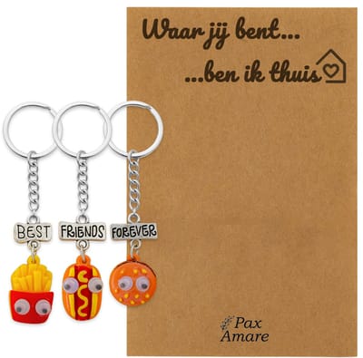 Koppel Sleutelhanger voor 3 'Waar jij bent, ben ik thuis' - Fast Food Friends - Sleutelhanger set op Cadeau Kaartje - Zilverkleurig - Persoonlijke Hanger - Pax Amare