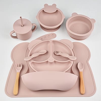 Dutchers® 10-delige Siliconen Eetset voor Kinderen - Kinderbestek - BPA Vrij – Beer-Thema Servies – Borden, Lepels, Vorken, Kommen & Slabbetjes – Duurzaam, Makkelijk Schoon te Maken – Ideaal voor Zelfvoedingstraining Jongens & Meisjes