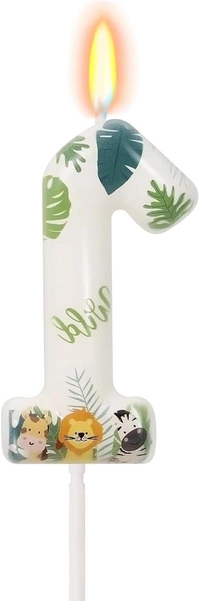 Verjaardagskaars Nummer 1 - Dierenkaars Taart - Eerste Verjaardag Vieren - Jungle Safari Thema - Nummer 1 Vorm - Roze