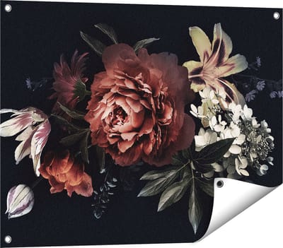 Gards Tuinposter Bloemen op een Zwart Achtergrond - 80x60 cm - Tuindoek - Tuindecoratie - Wanddecoratie buiten - Tuinschilderij