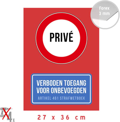 Pictogram/ bord | "Privé - Verboden toegang voor onbevoegden - Art. 461 strafwetboek" | 27 x 36 cm | Kunststof | Eigen terrein | Ongewenst bezoek | Rood | 1 stuk