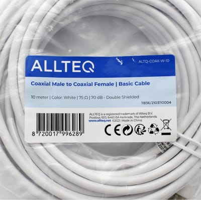 Premium Coax Kabel - Dubbel afgeschermd - IEC Coax Kabel voor TV - Wit - 10 meter - Allteq