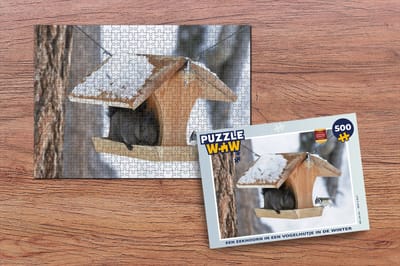 Puzzel Eekhoorn - Vogelhuisje - Vogel - Sneeuw - Legpuzzel - Puzzel 500 stukjes - Kerst - Cadeau - Kerstcadeau voor mannen, vrouwen en kinderen