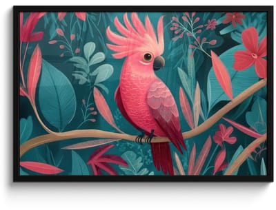Poster in lijst - Fotolijst 90x60 cm - Posters - Kaketoe - Tropische bladeren - Tak - Posterlijst zwart - Decoratie - Wanddecoratie woonkamer - Muurdecoratie slaapkamer