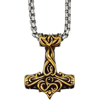 Tesoro Mio Michel – Viking Ketting – Thor’s Hamer Mjolnir – Edelstaal in Kleur Zilver en Goud - L 70 cm - Krijgshamer 4.3 x 3.2 cm