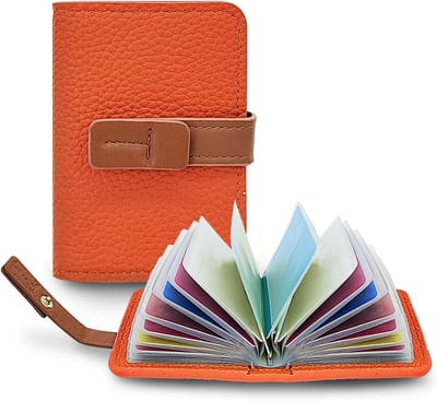 Kaartenetui voor dames, met 22 onafhankelijke kaarthoezen van kunstleer, kleine portemonnee, visitekaartjes, opslag, compacte kaarthouder met snapper, oranje, 10.5*7*2.5cm, Hedendaags