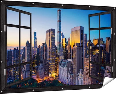Gards Tuinposter Doorkijk New York bij Zonsopgang - 180x120 cm - Tuindoek - Tuindecoratie - Wanddecoratie buiten - Tuinschilderij