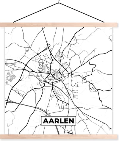 Posterhanger incl. Poster 40x40 cm - Schoolplaat - Zwart Wit – België – Plattegrond – Stadskaart – Kaart – Aarlen - Textielposter - Blanke latten - Stadskaart