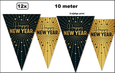 12x Luxe Vlaggenlijn Happy New year zwart/goud 10meter - 2-zijdige bedrukt - Gelukkig Nieuwjaar