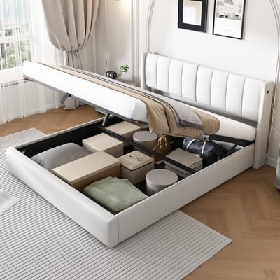 Gestoffeerd tweepersoonsbed met binaurale LED-verlichting en USB-oplaadpoort - Hydraulische opbergbox - 160x200 cm - Wit - In hoogte verstelbaar hoofdeinde - Moderne PU-kiezelstructuur