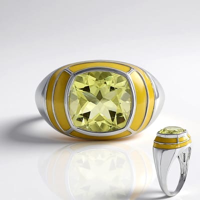 Cavill - Zilveren Ring 925 Sterling - Limoenkwarts 3,5 ct Antiek Kussen - Platina Bezel - Moderne Damesring - Braziliaanse Kwarts