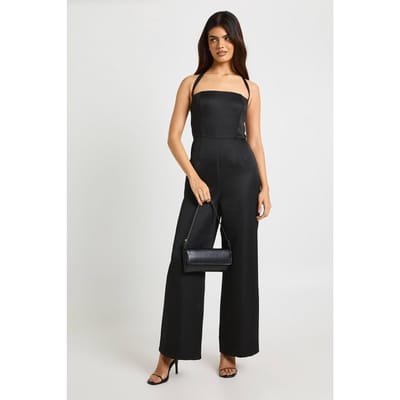 boohoo Dames Premium Satijn Corset Jumpsuit met Halternek en Wijde Pijpen | Black | Maat: 8