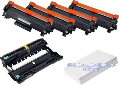 KATRIZ® huismerk 1x DRUM DR2400 + 4x TONER TN2420 + Kopieerpapier-A4-80GR-500vellen-wit | Geschikt voor Brother DCP-L2510D / DCP-L2530DW/DCP-L2550DN/HL-L2310D/HL-L2350DW/HL-L2375DW/MFC-L2710DW/MFC-L2730DW/MFC-L2750DW