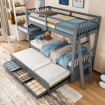 COVREO Stapelbed 90x200 cm grijs, hout en MDF met uitschuifbed en lades
