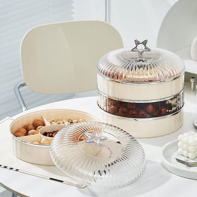 Lichte Luxe Sterfruit Schaal Woonkamer Meerlaagse Noten Snoep Schaal Verdeeld in Vakken met Deksel Crème Luchtgedroogd Fruit Schaal Snackdoos Single layer - φ 26.7 * 9.5cm white