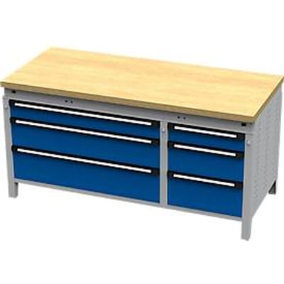 Otto Kind brede werkbank type 430, multiplexplaat van beukenhout, vlak afgeschoten, tot 1400 kg, B 1697 x D 750 x H 850 mm, staal, centrale vergrendeling, blank aluminium/geniaanblauw