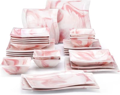 Luxe Serviesset- 26 delig – 6 persoons – Porselein - Bordenset – Dinner platen – Dessertborden - Soepplaat - kom - Pastabord - Roze