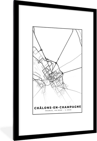 Fotolijst incl. Poster Zwart Wit- Stadskaart – Châlons-en-Champagne - Plattegrond – Kaart – Frankrijk - Zwart wit - 80x120 cm - Posterlijst
