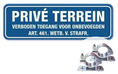 Bord Privé Terrein - Verboden toegang voor onbevoegden - blauw - Weerbestendig Aluminium - 40x15 cm - Bevestiging: Met paalbeugels Ø48mm