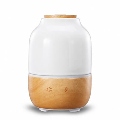 Gloovon® Keramische Aroma Diffuser - Ultrasone Luchtbevochtiger met Nachtlampje - Fluisterstil (<28dB) & BPA-vrij - 130ml - Wit & Hout