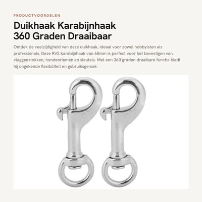Dailygoods- Oogklik 68mm - Karabijnhaak 316 RVS - Draaibaar - Sleutelhanger - Vlaggenstok - Lichtgewicht 62g