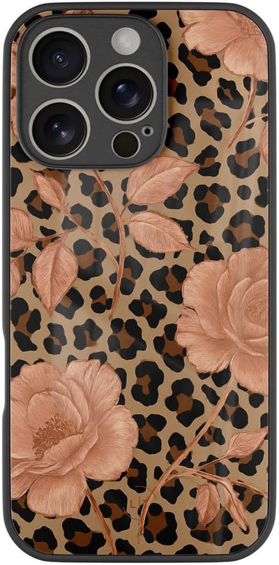 Hoesje geschikt voor iPhone 16 Pro - Leo flowers - Luxe Glazen Hardcase - Bloemen, Luipaardprint - Multi - Leuke Telefoonhoesjes
