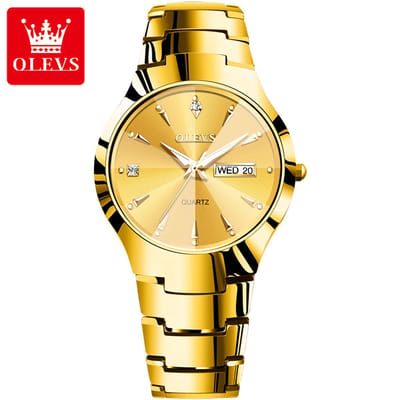 HO-8697.g : OLEVS modieuse Heren Lover's goudkl Tungsten-edelstaal quartzhorloge diamantontwerp, dagtekst, dagnummer