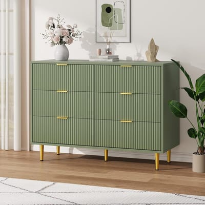 Ladekast met 6 Lades - Modern Dressoir met Gegolfd Design - Gouden Handgrepen & Poten - Kantelbeveiliging - 100 x 40 x 75 cm - Boter groen