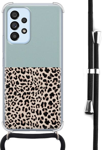 Hoesje met koord - Geschikt voor Samsung Galaxy A53 - Luipaard mint - Verstelbaar zwart koord - Crossbody - Luipaardprint - Transparant, Groen - Leuke Telefoonhoesjes