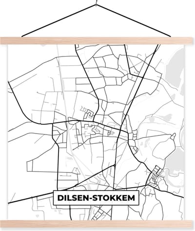 Posterhanger incl. Poster 40x40 cm - Schoolplaat - België – Dilsen Stokkem – Stadskaart – Kaart – Zwart Wit – Plattegrond - Textielposter - Blanke latten - Stadskaart