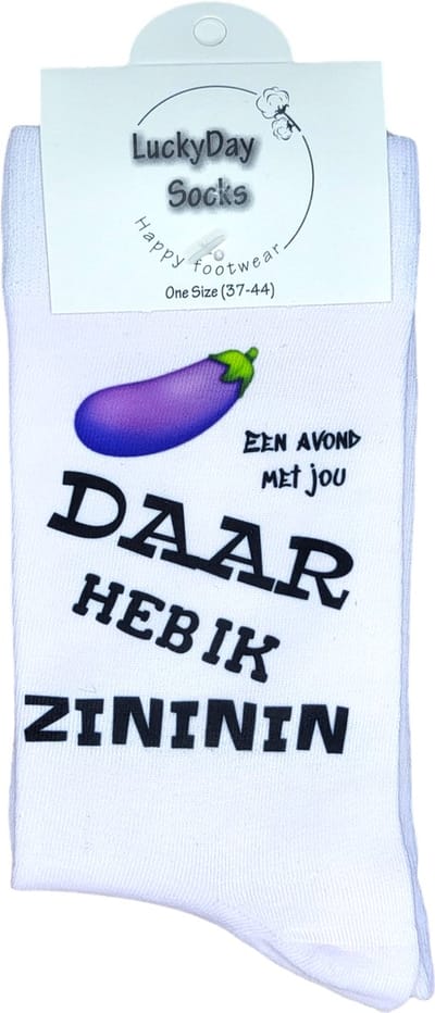 Zininin - Sexy Sokken - Vibrator - Ondeugende cadeau - Aubergine - Verjaardags cadeau voor vrouw - sokken - cadeau - Witte sokken met tekst - grappige sokken - leuke dames en heren sokken - Sokken waar je vrolijk van wordt - Maat 37-44
