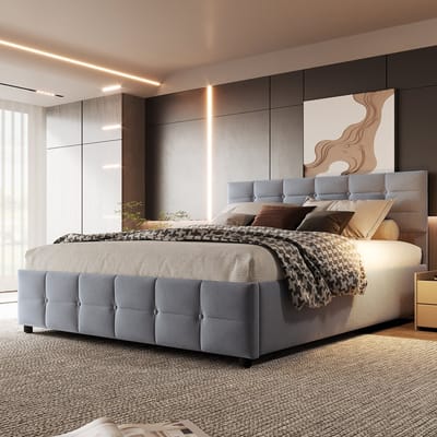 Wishdor – Gestoffeerd tweepersoonsbed met hydraulische opbergruimte – 180 x 200 cm – Nederlands fluweel – Grijs