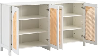 Modern minimalistisch dressoir met 4 rotan deuren en metalen handgrepen; eenvoudig buffetkastje voor eetkamer, woonkamer of keuken (wit)