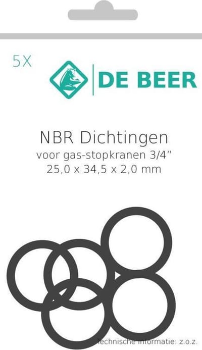 De Beer perbunan dichtingen voor gas 25x34.5x2.0mm - 3/4" - verpakking á 5 stuks - 157306988