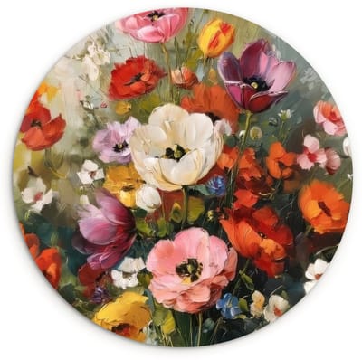 WallCircle® Wandcirkel 120x120 cm - Muurcirkel Vrolijk boeket - Dynamisch - Subtiele kleurspatten - Muurdecoratie woonkamer - Wanddecoratie slaapkamer - Kamer decoratie accessoires - Ronde schilderijen XXL