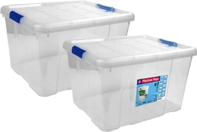 Hega Hogar Opbergbox - 2x - met deksel - 42 x 35 x 25 cm - 25 Liter - Opbergbakken - Transparant