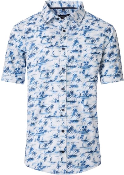 CASA MODA Sport casual fit overhemd - korte mouw - chambray - wit met licht- en donkerblauw palmbomen dessin - Strijkvriendelijk - Boordmaat: 39 - 40