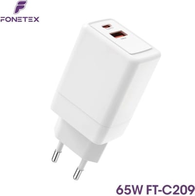 FoneTex 65W GaN Universele QC Snellader 65W - 2 Poorten (USB-C & USB-A) - GaN Technologie - PD 3.0 - Geschikt voor o.a. Tablets, Apple iPhone en Samsung Smartphones 2 aansluitingen - Wit