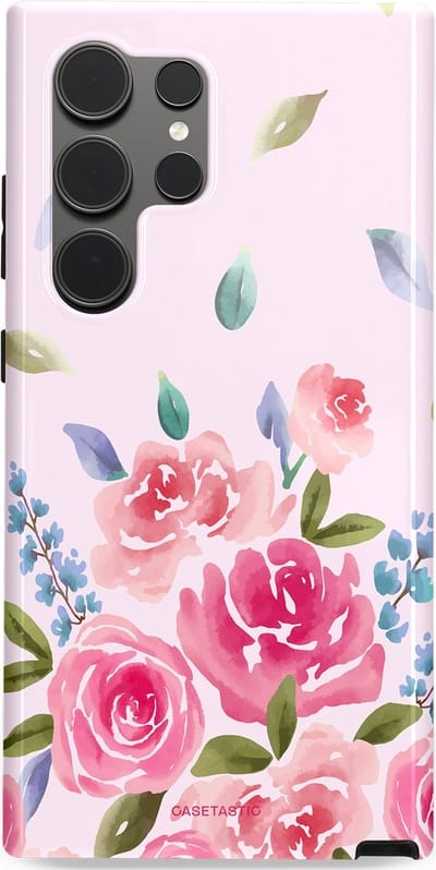 Casetastic hoesje geschikt voor Samsung Galaxy S24 Ultra - Dubbellaagse bescherming - Aquarel Bloesem - Fashion Case - Lichtroze Lila Saliegroen
