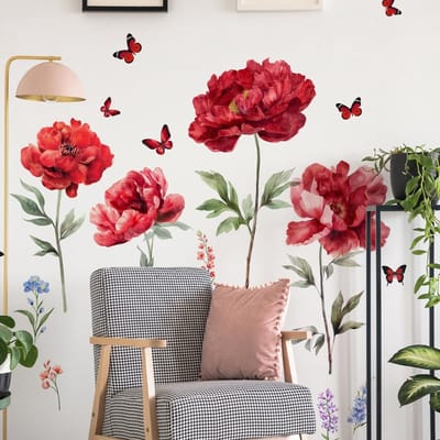 Dailygoods- Muursticker Grote Rode Bloemen - Wanddecoratie Slaapkamer - Wanddecoratie Woonkamer - Muurstickers Kantoor - Zelfklevend - Verwijderbaar