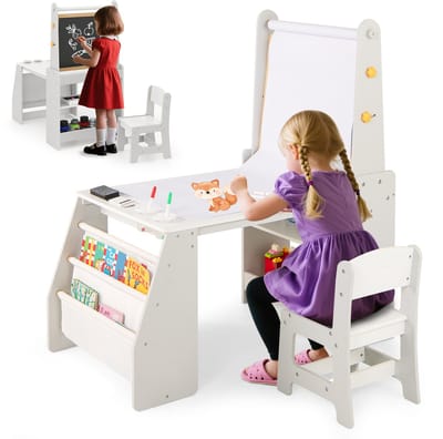 COSTWAY Kindertafel met stoel en ezel, houten zitgroep met whiteboard en krijtbord en boekenkast, schildertafel incl. papierrol en accessoires, 3-in-1 zitgroep voor kinderen vanaf 3 jaar (grijs)