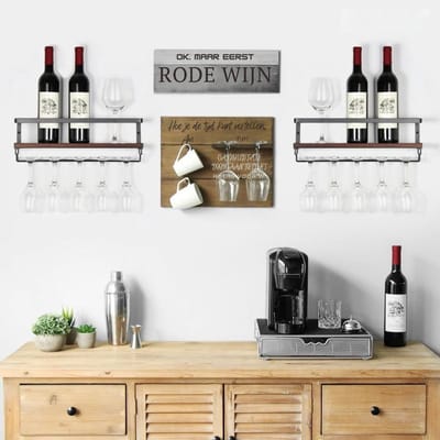 Thuys – Wijnrek Muur – Hangend – Set van 2 Wijnglasplanken – 12 x 43 x 13cm – Zwart