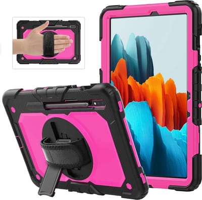Tablet Hoes Geschikt voor: Samsung Galaxy Tab S8 Plus / Tab S7 Plus / Tab S7 FE 12.4 inch Schokbestendig met ingebouwde Screenprotector | Incl.Handriem en Schouderriem | Extreme bescherming - Roze met Zwarte rand