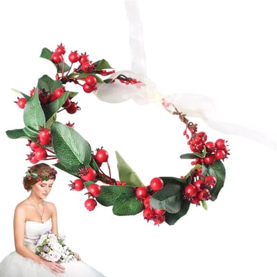 Bloemen Hoofdband - Bessen Krans - Feestelijke Bruiloft - Handgemaakt Ontwerp - Diameter 18cm - Rood